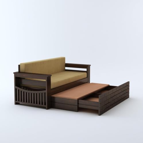 Image of MAMTA DECORATION Wooden Sofa Cum Bed for Living Room | Solid Sheesham Wood Convertible 3 Seater Diwan Sofa Bed with Pull-Out Storage Armrest | Folding Double Bed for Home & Guest Room | Walnut Finish
