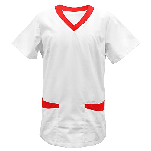 EXNER Medizinischer Schlupf-Kasack mit Besatz, OP-Kasack, für Damen und Herren in Medizin, Krankenpflege, Altenpflege, SPA, Wellness, Kosmetik, Farbe weiß, Besatz rot, Größe 2XL