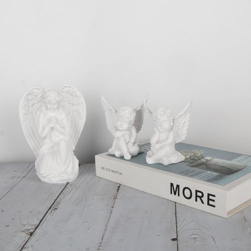 Set of 2 Cherub Angels Statue Figurine - 4 inches high, Sleeping Sculpture for Home, Living Room, Office Decoration, Memorial, White Cherub