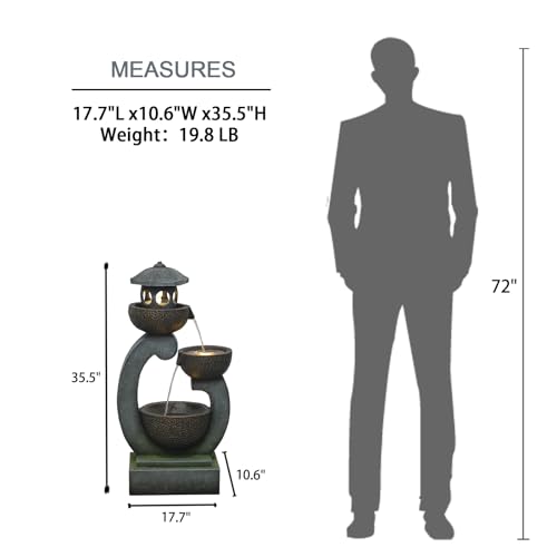 Tankana Water Fountain Outdoor Zen Feature - Garden Tranquil Pagoda Waterfalls Fountains Bowl with LED Lights & Pump for Patio Yard Porch Pool, Gray, 35.5 inches