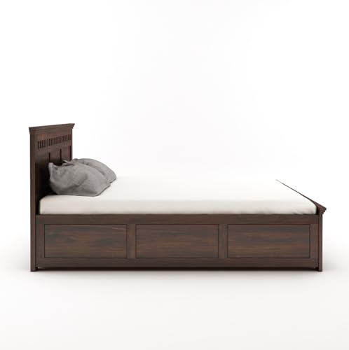 Image of Wooden King Size Bed with Storage Box Solid Wood Foldable for Bedroom | Wooden Folding Cot King Size Bed Frame (King Size, Walnut Finish, 1 Piece)