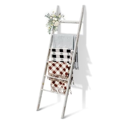 Cobertor de 6 camadas escada de madeira, 1,5 m (66,5 polegadas) cobertor colcha suporte de toalha escada decorativa, fácil montagem, prateleira rústica de escada de casa de fazenda para sala de estar quarto banheiro decoração de casa, lavagem branca