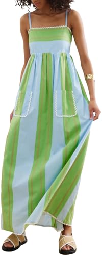 Image of Women Spaghetti Strap Flowy Long Dress Boho Floral Square Neck Maxi Dress Summer A-Line Dresses for Beach Vacation