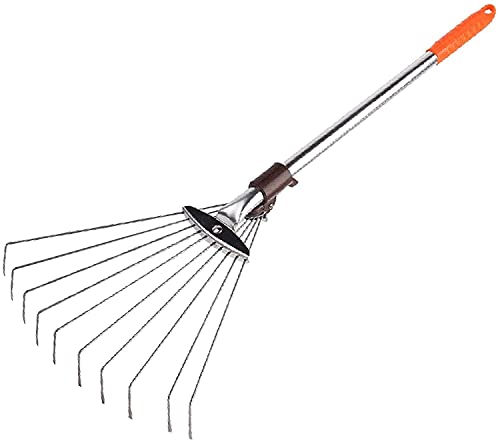 WJFLUCK Adjustable Metal Leaf Rake, Garden Lawn Rake, Telescopic Rake, for Gardening, Cultivating, Loosening Soil and Spreading Mulch, Shrub Courtyard Broom Tools
