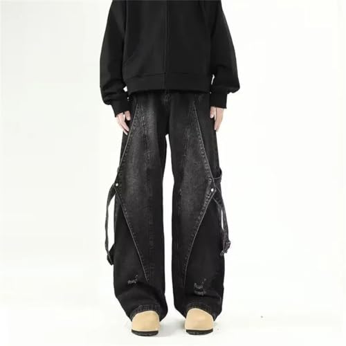 Men’S High Street Retro Washed Patchwork Straight Denim Jeans Slim Fit High Waist Button Fly Lightweight Fashion Jeans3