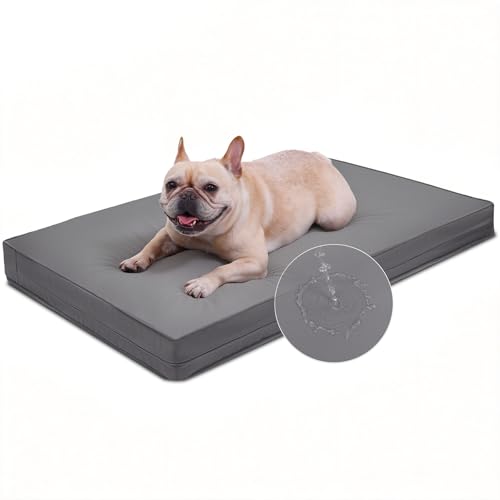 Image of Waterproof Dog Bed Washable Wipeable, Orthopedic Medium Crate Pad 30 inch | Outdoor Pet Bed Foam, Reversible Faux Leather Removable Cover, Durable Puppy Mats, Anti-Slip Kennel Pads 29 inchx18 inch Gray