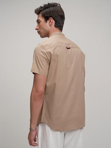 Image of Highlander Men's Casual Shirt | Solid | Slim Fit | Short Sleeves | Versatile Beige Hue a Sleek Look