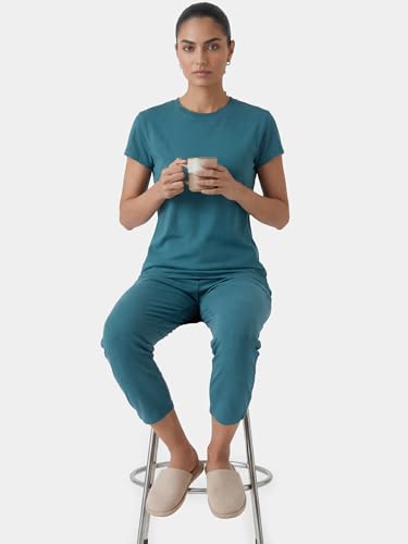 Image of Enamor Short Sleeve Crew Neck Regular Length Basic Crew T-Shirt for Women - Slim Fit, Soft and Breathable Stretch Cotton - E047