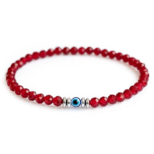 Lameybrt Evil Eye Bracelet 4 mm Natural Stretch Adjustable Beaded Bracelets for Women Gifts for Birthday/Anniversary/Christmas (B123 Section Red Corundum One Size)