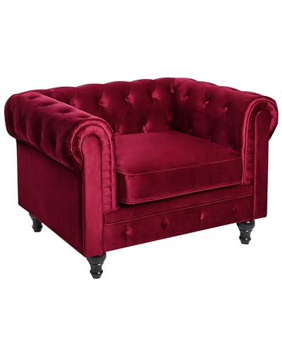 Fauteuil en Velours Rouge Dossier à Points Diamant Style Classique Chesterfield