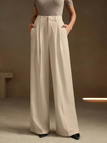 Image of KOTTY Women's Beige High Waist Wide Leg Straight Trouser for Formal and Office Wear