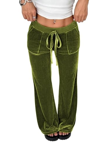 LifeShe Womens Velvet Flare Pant Drawstring Waist Bell Bottom Leggings Casual Long Palazzo Trousers4
