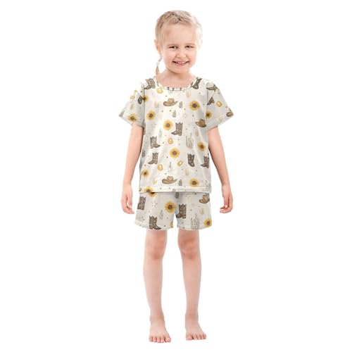 ALAZA Cowboy Boots Cactus Sunflower Pajamas Set Short Sleeve Cotton Sleepwear Summer Pjs 2 Piece 5-14Y3