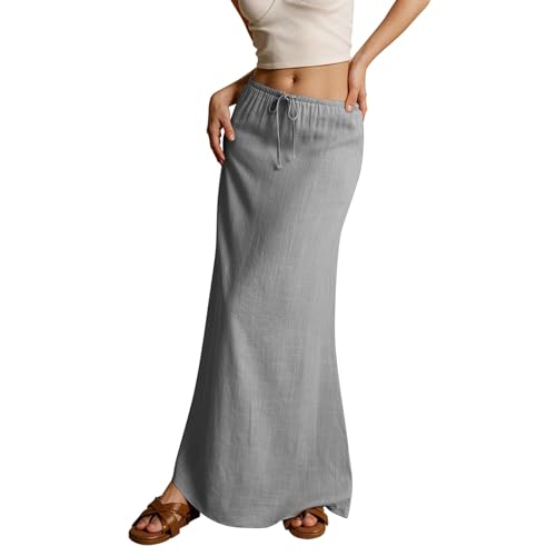 Linen Cotton Maxi Skirts for Women 2025 Summer Boho Beach Casul Vacation Drawstring Long Skirt