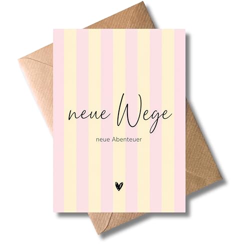 WBdesignz Abschiedskarte „Neue Wege“ mit Umschlag - Karte zum Abschied Neuanfang Umzug Jobwechsel oder neuer Lebensabschnitt - Pastell Streifen & Herz - für Kolleginnen Freunde Familie (DIN A6)