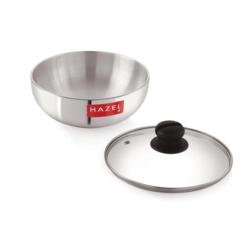 HAZEL Aluminium Kadai Without Handle | 1500ml Polished Aluminium Tasla with Glass Lid | Tasra Cooking Vessel for Kitchen