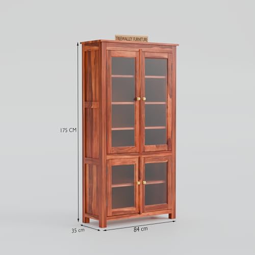 Image of Solid Sheesham Wood Crockery Cabinet with 4 Acrylic Glass Doors | Wooden Wardrobe Kitchen Cabinet with 6 Shelves Storage | Bookcase for Living Room, Bedroom & Office | Honey Finish