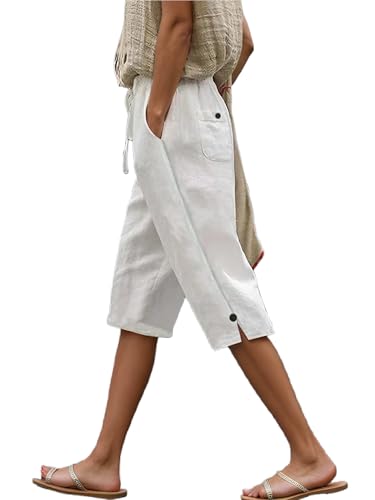 Akivide Linen Capri Pant for Women Casual Summer Drawstring Elastic Waist Cropped Cotton Capri with Pockets