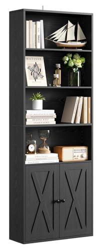 IRONCK Bookcase 6-Tier Bookshelf with Doors 180cm Tall Living Room Bookcases Display Shelf Storage Freestanding Book Shelf Unit for Home Office Dinning Room 60x23.5x180cm (Black)