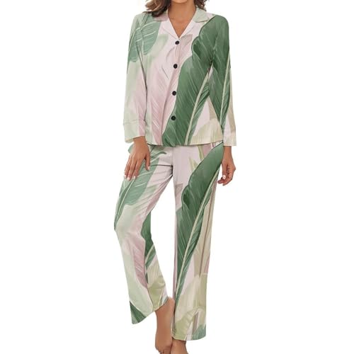 Pyjama grande taille pour femme avec chemise boutonnée et pantalon d'été imprimé feuilles