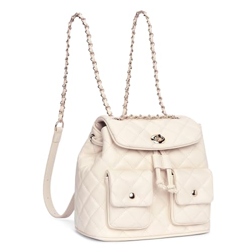 Lexiyat Pequena bolsa feminina de couro, mini mochila conversível, bolsa de ombro, bolsa tiracolo acolchoada, Bege, Small