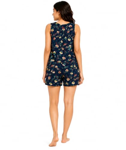 Image of Women's Floral Print Sleeveless Top and Shorts Set, Navy Blue