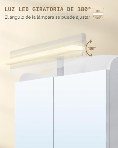 Miniatura 4 de Hzuaneri Armario De Baño, Con Espejo Y Luz Led, Mueble Espejo De Pared, Armario Baño Pared, Con Soportes Y Ganchos Para Secador De Pelo, Con Interruptor Y Enchufe, 16,5 X 60 X 68,5 Cm Blanco