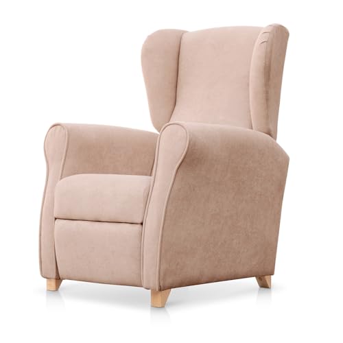 SUENOSZZZ ESPECIALISTAS DEL DESCANSO Sillón Relax orejero Irene reclinable con Patas de Madera, Relax nórdico tapizado en Tela Antimanchas Salmón