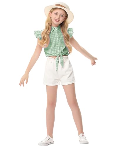 Image of Girls Sleeveless Plaid Button Down Shirt Summer Crop Tops Tie Knot Ruffle Sleeve Shirt Blouse 3-12Y