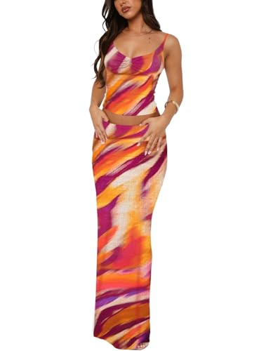 Image of Two Piece Skirt Set for Women - Sexy Sleeveless Spaghetti Strap Pleated Tank Top Maxi Long Skirts Sets
