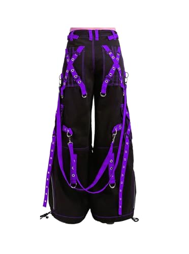 Unisex Gothic Pants with Chains & Straps Streetwear Punk Wide Leg Loose Goth Trendy Hip hop Techwear Pants Purple4