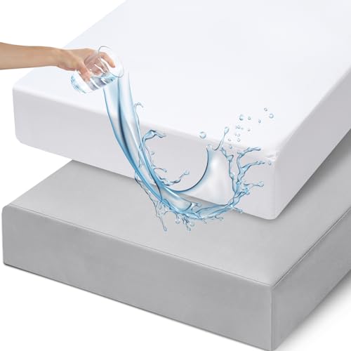 Image of david's kids Waterproof Crib Sheets Fitted 2 Pack, Ultra Soft Breathable Crib Mattress Protector for Boys Girls Neutral, Fit Standard Crib Mattress and Toddler Mattresses, White & Highclass Grey