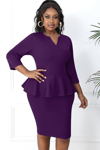 Image of Runwind Plus Size Dresses for Curvy Women, Work Church Professional Office Vintage Peplum Pencil Dress V Neck 3 /4 Sleeve