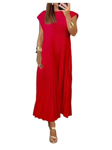 Image of GORGLITTER Women's Pleated Flowy Chiffon Church Dresses Elegant Summer Short Sleeve Wedding Guest Maxi Dress Outfits
