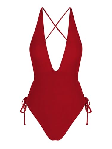 Image of ZAFUL Women Plunging One Piece Swimsuit Backless Cross Tie High Cut Thong One-Piece Bathing Suit