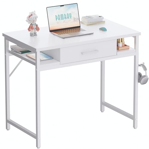 Pamray 32 Inch Small Computer Desk with Drawer and Shelves
