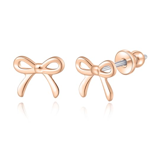 Limerencia Bow Earrings F136 Titanium Tiny Bow Studs Small Cute Bowknot post Stud Earrings Gold Silver Tone for Teens Sensitive Ears