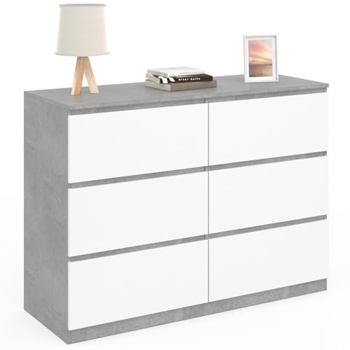 IDMarket - Commode 6 tiroirs TOMI 110 cm Blanc et Effet béton