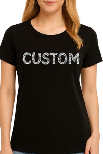 Comfortable T-Shirt - Personalized Rhinestone Bling – Custom Sparkle Crew Neck Loose Tee with Your Words – Gem Bedazzled Short Sleeve Top for Women, Bachelorette Gift, Gift For Her, Birthday Gift, Bridal Gift, Sister Gifts, Back to school T-shirt