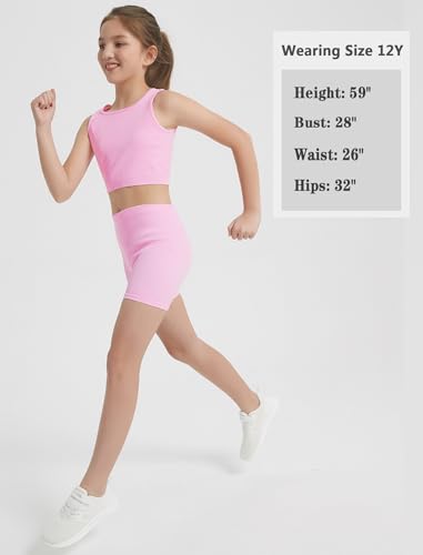 Image of EXARUS Girls 2 Piece Outfits Seamless Ribbed Cropped Tank Top Shorts Set | Teen Two Piece Outfit Tween Summer Dance Vacation Yoga Crew Neck Youth Athletic Workout Set Kids High Waist Elasticity 6-14Y