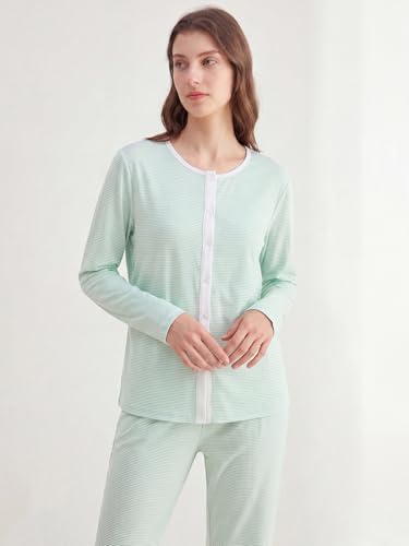 Image of Latuza Women's Petite Cotton Pajama Set Striped Button Down Pjs