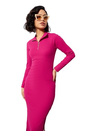 Image of barcino Black Rib High Neck Front Half Zipper Dress
