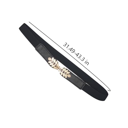 Black Belt Women Leaves Womens Skinny Belt Elastic Waist Belt for Dresses and Jumpsuits Thin Stretchy Decorative Alloy Leaf Buckle Dressy Fashion Belts for Ladies’ Skirts and Vestidos 32"-40"2