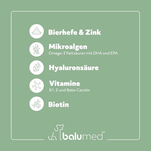 balumed® Snacks Haut+Fell hochkonzentriert mit Hyaluronsäure für Hund, Leckerli mit Präbiotika, Postbiotika, Bierhefe, Zink & Omega-3, Kamillenblüten, Vitamine B1 + E, Beta-Carotin, 325 g