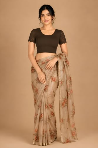 Image of Abhi Cotton Readymade Saree Blouse for Women- Half Net Sleeves, Round Neck, Regular-fit, Stretchable, Pull-on Style Blouse