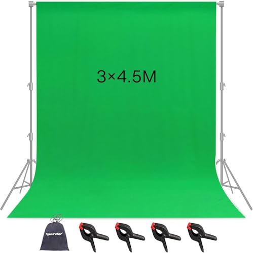 Spardar Greenscreen mit 4 Klemmen, 3M X 4.5M Foto Hintergrund Greenscreen Stoff Baumwolle Faltbare Green Screen Fotostudio Hintergrund für Fotografie...