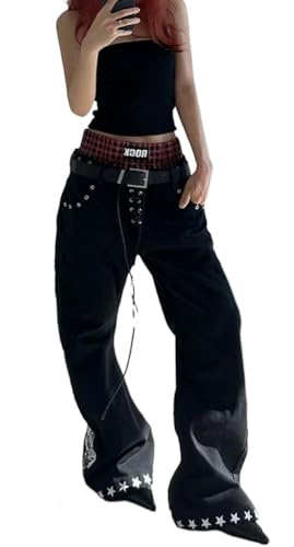 Unisex Y2k Grunge Gothic Plaid Double Waistband Tie Jeans Harajuku Streetwear Punk Rock Star Print Baggy Denim Pants