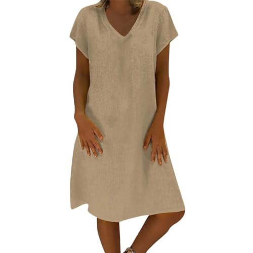 Robe d'été en coton et lin pour femme - Col en V - Manches courte...