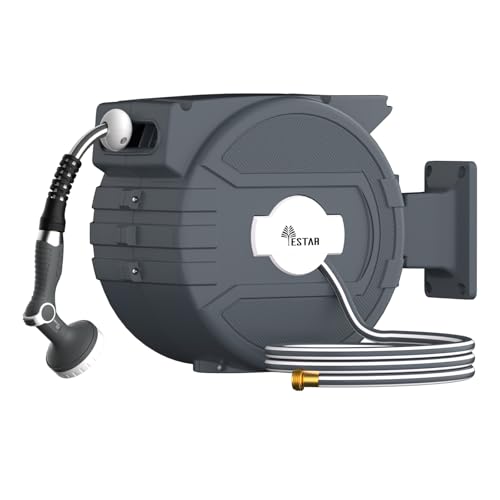 Retractable Garden Hose Reel 1/2 in x65 ft Garden Water Hose Reel with 10- Function Sprayer Nozzle Any Length Lock/Automatic Slow Return System 180 Swivel Bracket