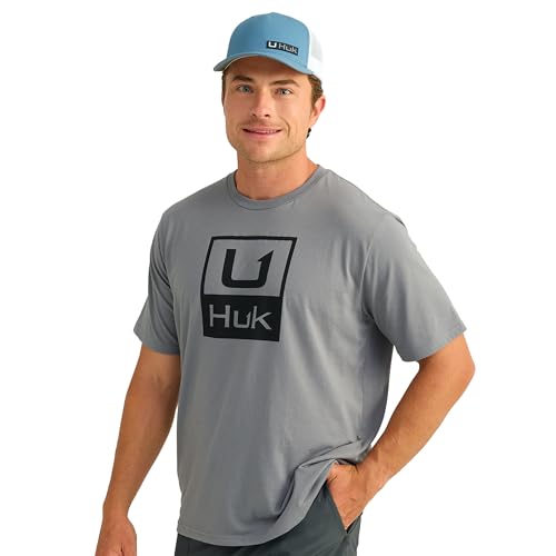 HUK Mens Short Sleeve Performance Tee, Fishing T-Shirt for Men, HUK Stacked Logo - Night Owl, X-Large
